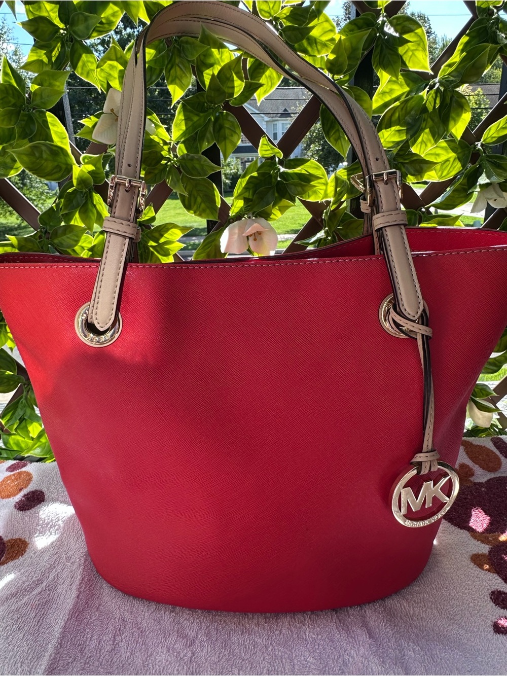 Michael Kors Red Jet Set Tote Bag with Beige Handles